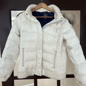 White puffer coat with fur hood